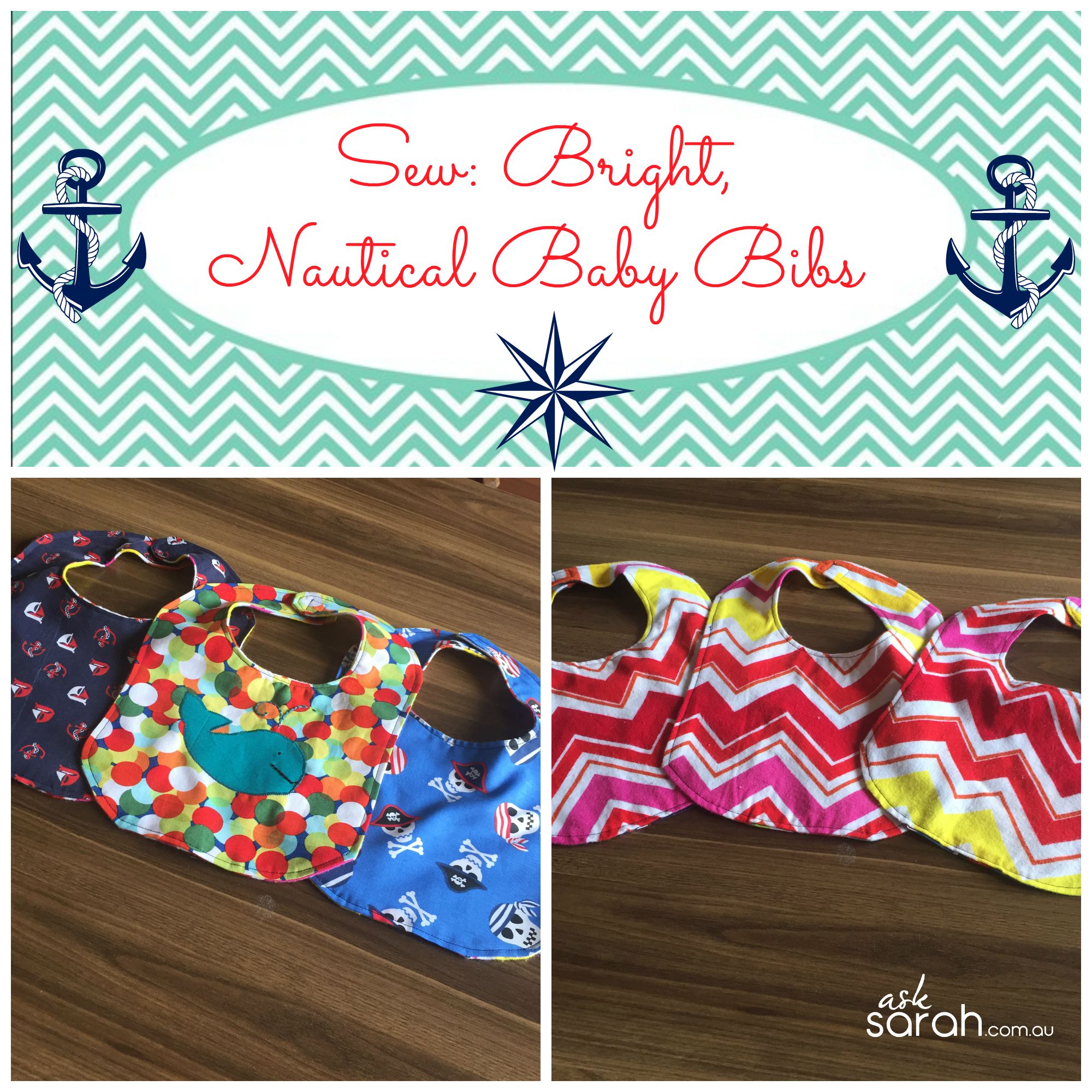 Sew: Bright, Nautical Baby Bibs {Link to Free Pattern Included}