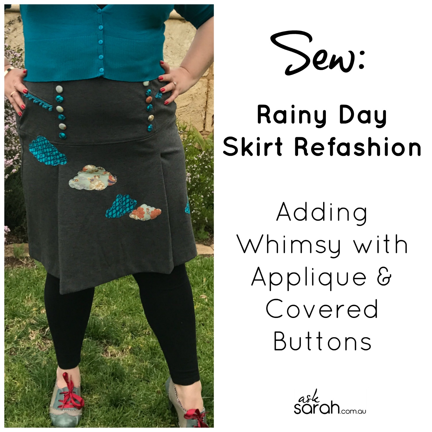Sew: Rainy Day Skirt Refashion {Adding Whimsy with Applique & Covered Buttons}
